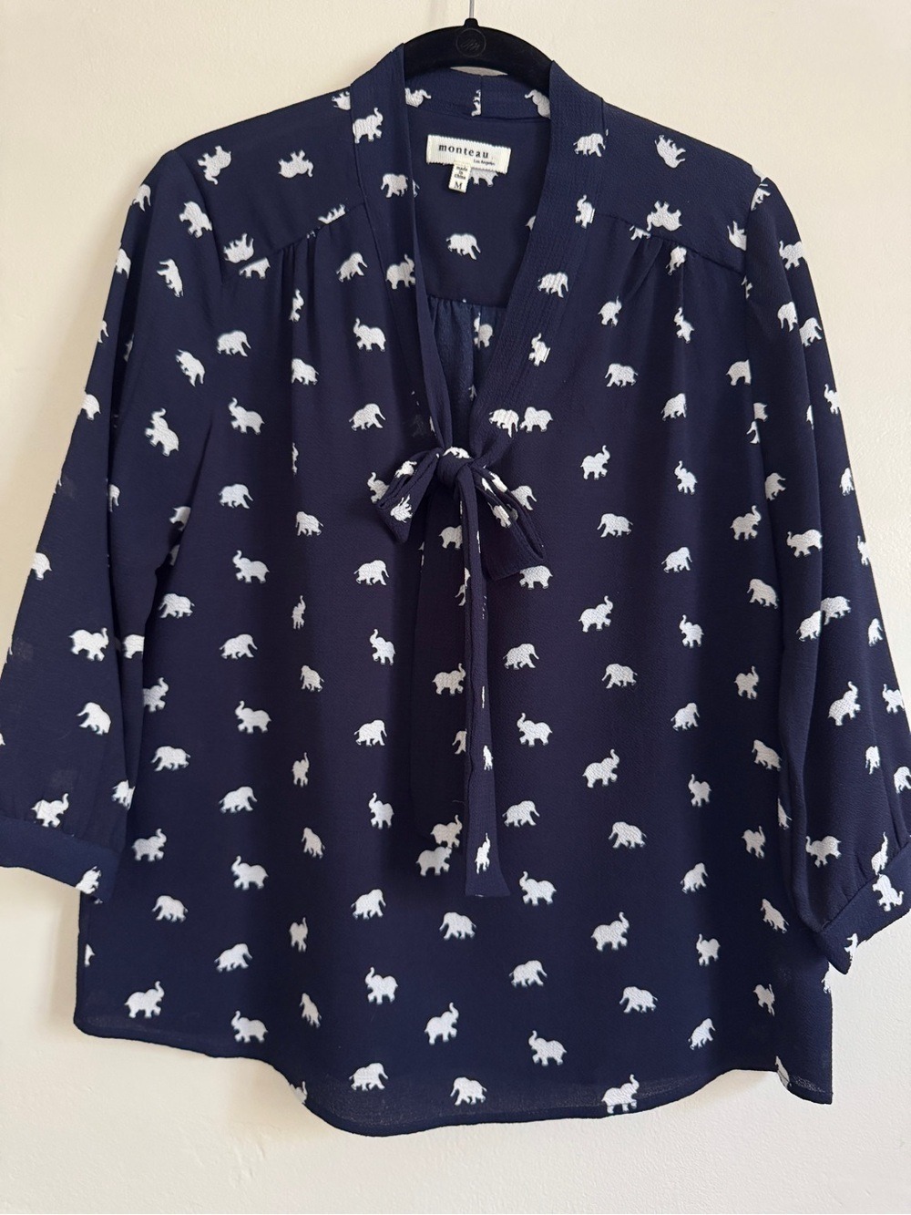 Monteau Tie Neck Blouse, Navy with White Elephant Motif, Medium